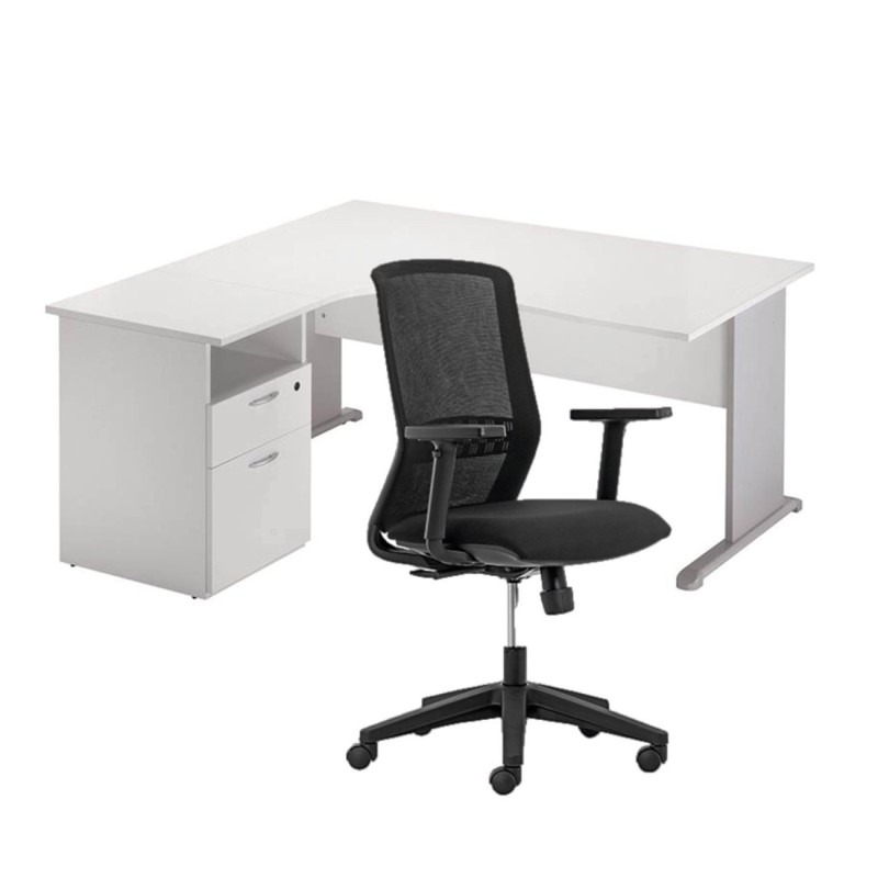 Pack Bureau d'angle compact retour à gauche Pronto Bois - L.160 x P.100 cm - Plateau Blanc - Pieds L Aluminium + Caisson hauteur bureau + Siège Tekna Noir