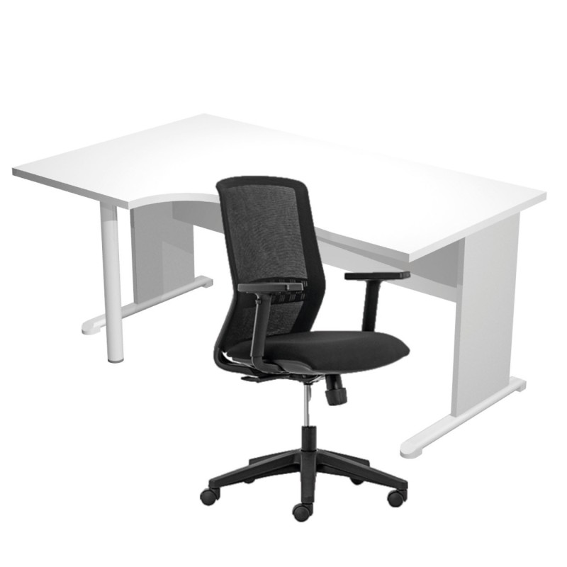 Pack Bureau d'angle compact retour à gauche Pronto Bois - L.160 x P.100 cm - Plateau Blanc - Pieds L Aluminium + Siège Tekna Noir