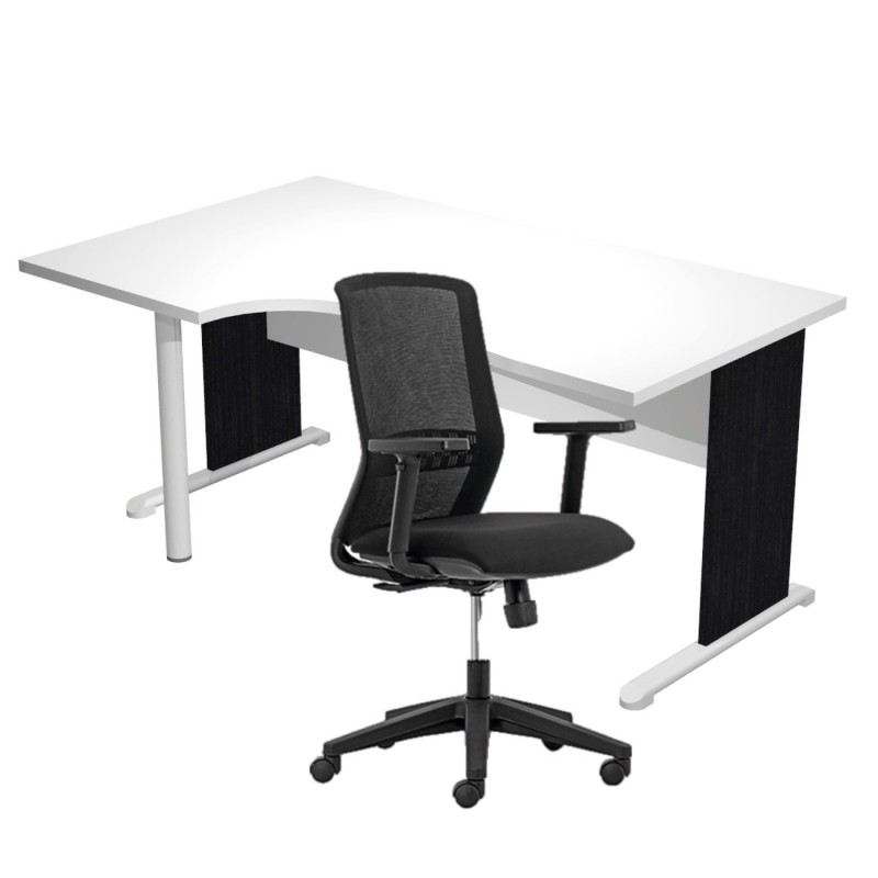 Pack Bureau d'angle compact retour à gauche Pronto Bois - L.160 x P.100 cm - Plateau Blanc - Pieds L Noir + Siège Tekna Noir