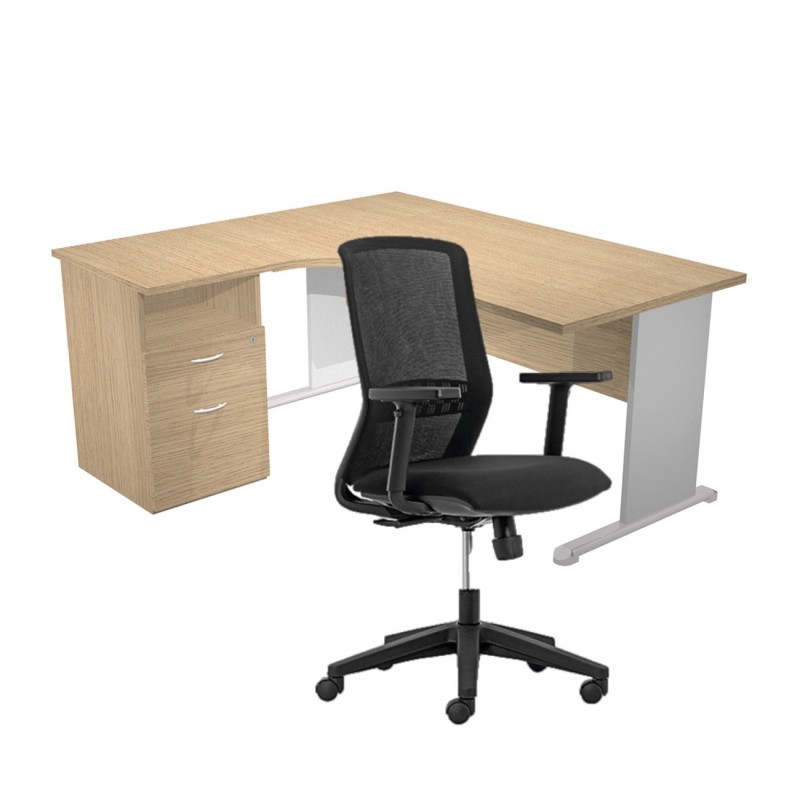 Pack Bureau d'angle compact retour à gauche Pronto Bois - L.160 x P.100 cm - Plateau Chêne - Pieds L Aluminium + Caisson hauteur bureau + Siège Tekna Noir