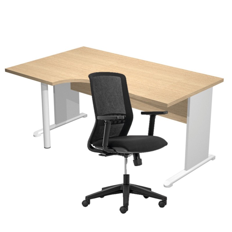 Pack Bureau d'angle compact retour à gauche Pronto Bois - L.160 x P.100 cm - Plateau Chêne - Pieds L Aluminium + Siège Tekna Noir