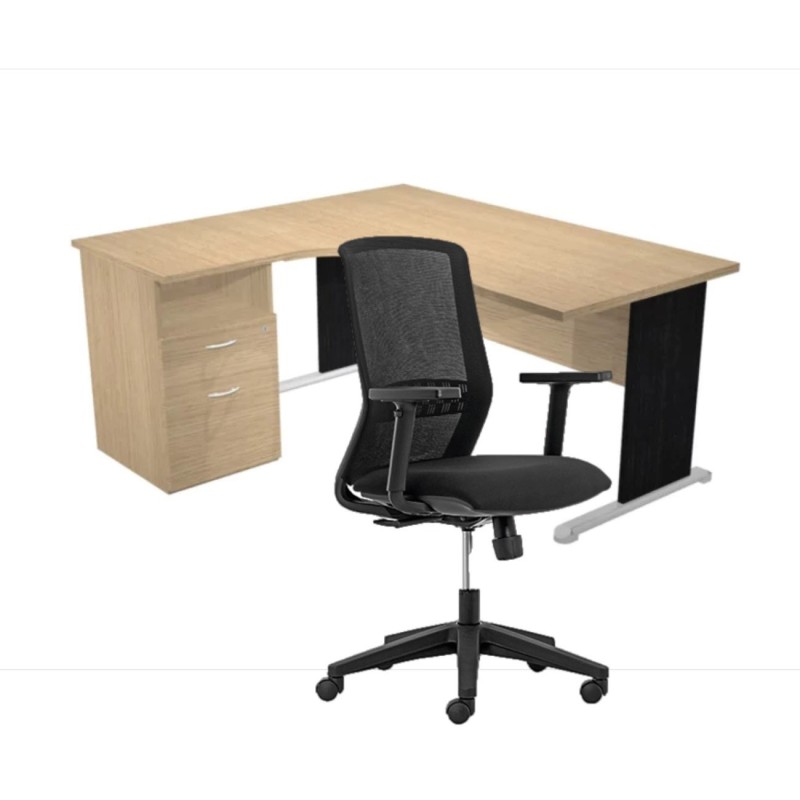 Pack Bureau d'angle compact retour à gauche Pronto Bois - L.160 x P.100 cm - Plateau Chêne - Pieds L Noir + Caisson hauteur bureau + Siège Tekna Noir