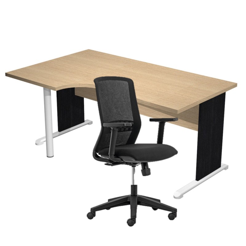 Pack Bureau d'angle compact retour à gauche Pronto Bois - L.160 x P.100 cm - Plateau Chêne - Pieds L Noir + Siège Tekna Noir