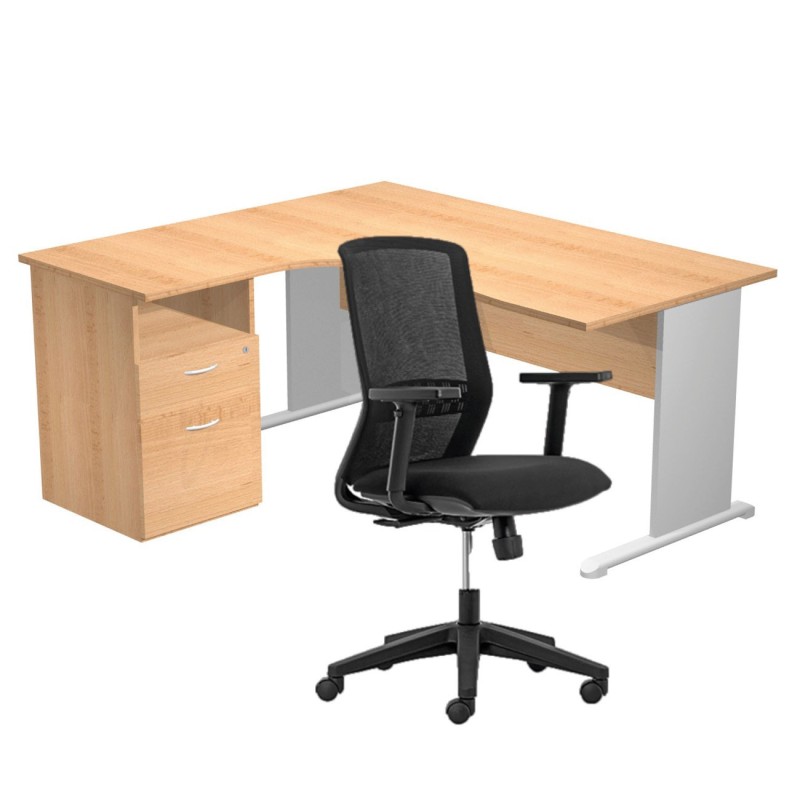Pack Bureau d'angle compact retour à gauche Pronto Bois - L.160 x P.100 cm - Plateau Hêtre - Pieds L Aluminium + Caisson hauteur bureau + Siège Tekna Noir