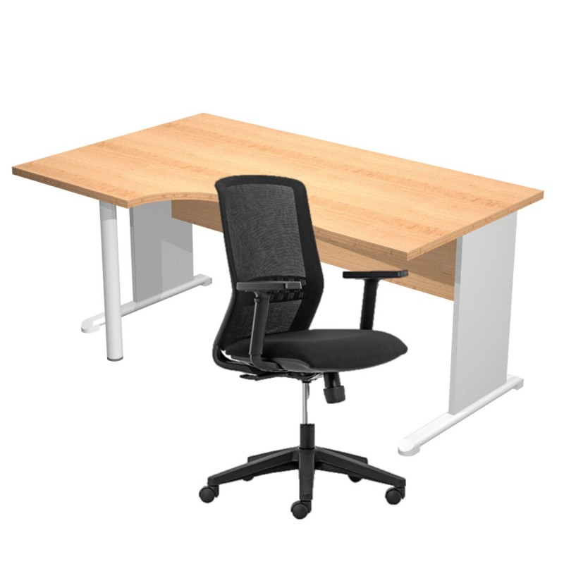 Pack Bureau d'angle compact retour à gauche Pronto Bois - L.160 x P.100 cm - Plateau Hêtre - Pieds L Aluminium + Siège Tekna Noir