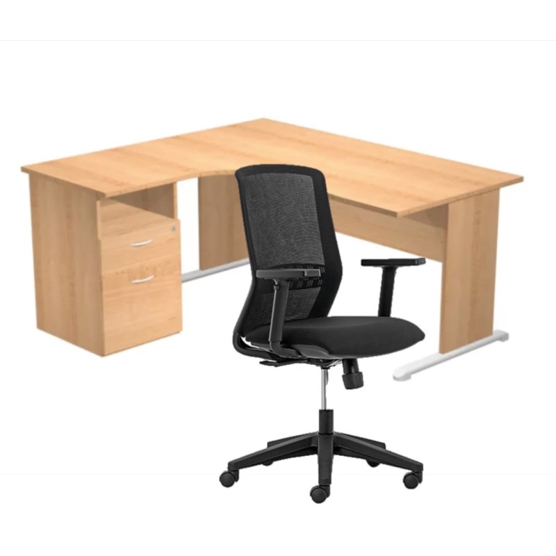 Pack Bureau d'angle compact retour à gauche Pronto Bois - L.160 x P.100 cm - Plateau Hêtre - Pieds L Hêtre + Caisson hauteur bureau + Siège Tekna Noir