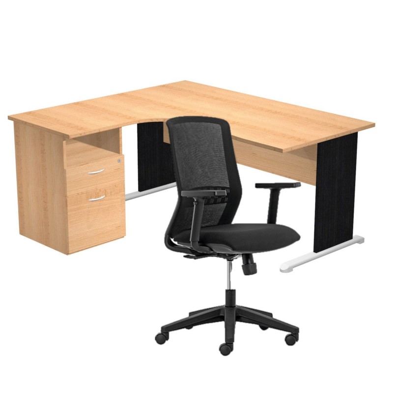 Pack Bureau d'angle compact retour à gauche Pronto Bois - L.160 x P.100 cm - Plateau Hêtre - Pieds L Noir + Caisson hauteur bureau + Siège Tekna Noir