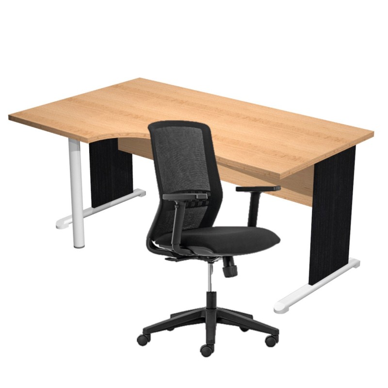 Pack Bureau d'angle compact retour à gauche Pronto Bois - L.160 x P.100 cm - Plateau Hêtre - Pieds L Noir + Siège Tekna Noir