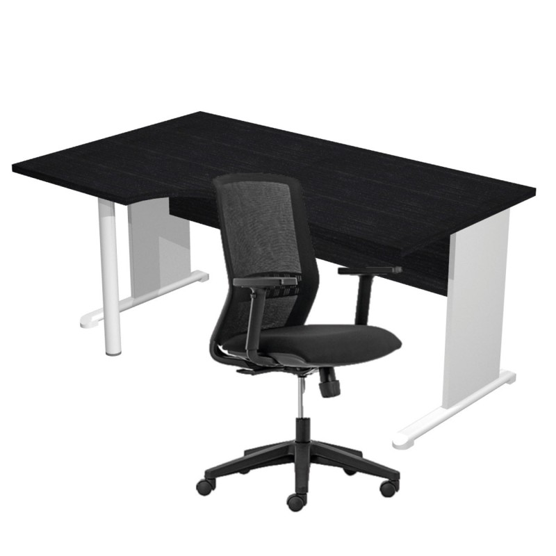 Pack Bureau d'angle compact retour à gauche Pronto Bois - L.160 x P.100 cm - Plateau Noir - Pieds L Aluminium + Siège Tekna Noir