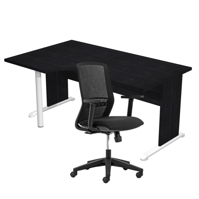 Pack Bureau d'angle compact retour à gauche Pronto Bois - L.160 x P.100 cm - Plateau Noir - Pieds L Noir + Siège Tekna Noir
