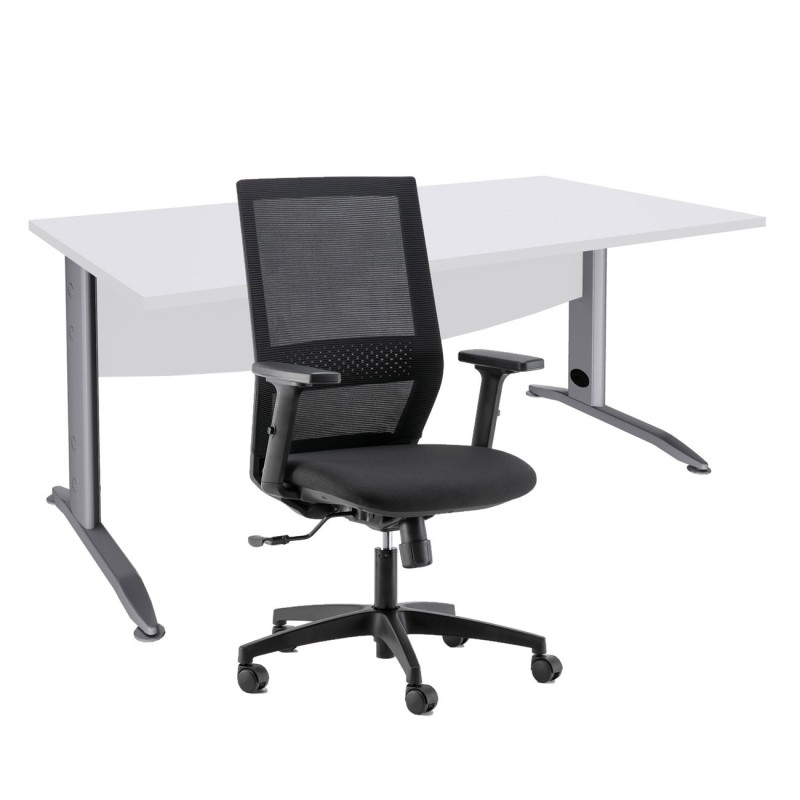 Pack Bureau droit Activity Métal L.140 x P.80 cm Plateau Blanc - Pieds L Aluminium + Siège Théo maille / Tissu Noir