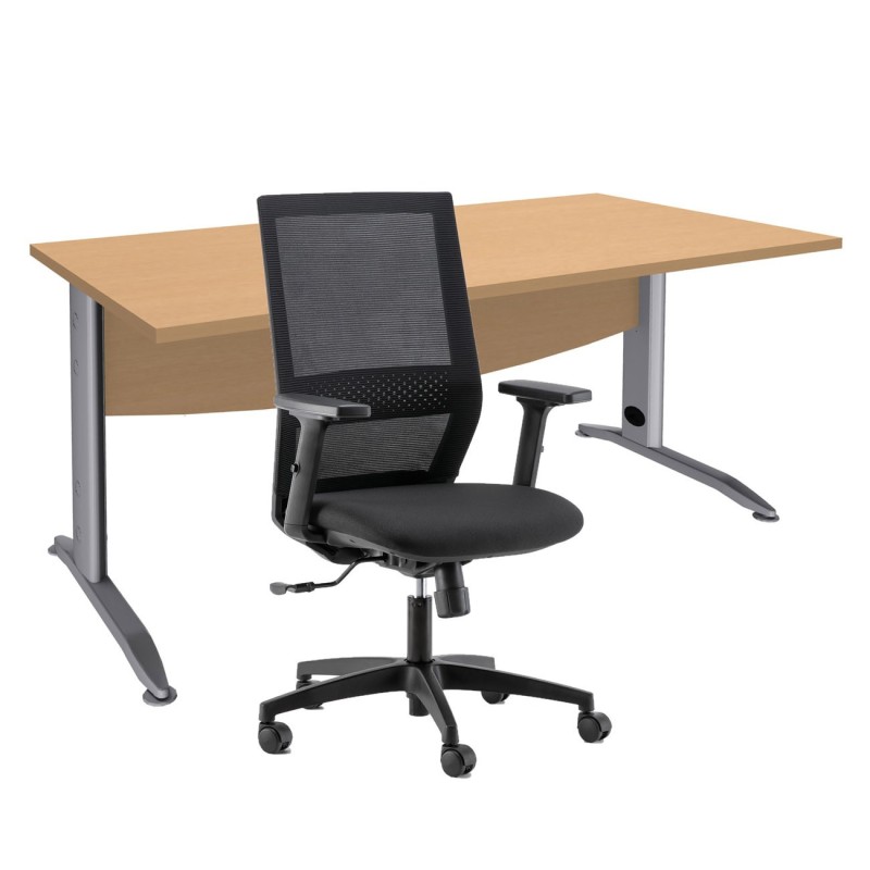 Pack Bureau droit Activity Métal L.140 x P.80 cm Plateau Hêtre - Pieds L Aluminium + Siège Théo maille / Tissu Noir