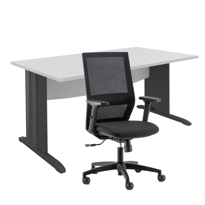 Pack Bureau droit Activity Métal L.160 x P.80 cm Plateau Blanc - Pieds L Anthracite + Siège Théo maille / Tissu Noir
