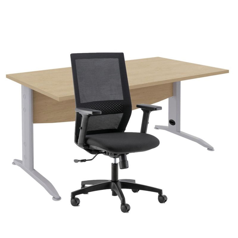 Pack Bureau droit Activity Métal L.160 x P.80 cm Plateau Chêne - Pieds L Aluminium + Siège Théo maille / Tissu Noir
