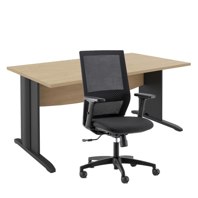 Pack Bureau droit Activity Métal L.160 x P.80 cm Plateau Chêne - Pieds L Anthracite + Siège Théo maille / Tissu Noir