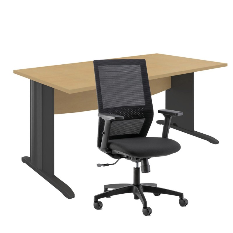 Pack Bureau droit Activity Métal L.160 x P.80 cm Plateau Hêtre - Pieds L Anthracite + Siège Théo maille / Tissu Noir