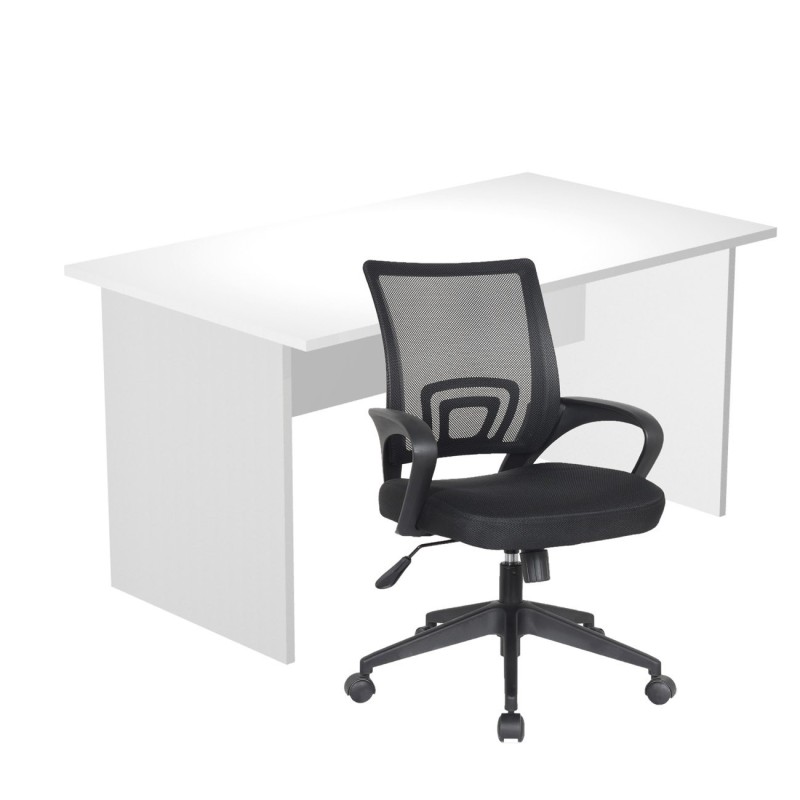 Pack Bureau droit Pronto Bois - L.140 x P.80 cm - Plateau Blanc - Pieds panneaux Aluminium + siège Dario Tissu Noir