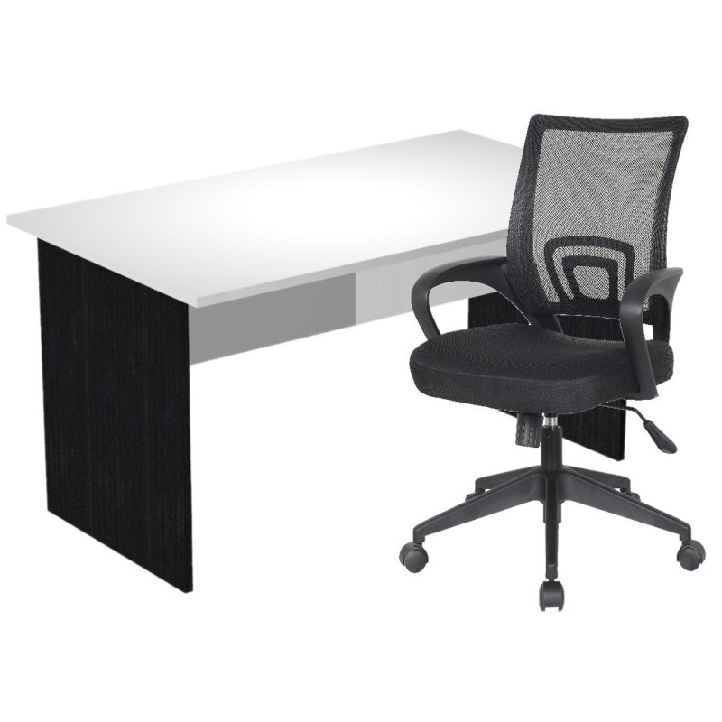 Pack Bureau droit Pronto Bois - L.140 x P.80 cm - Plateau Blanc - Pieds panneaux Noir + siège Dario Tissu Noir