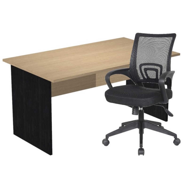 Pack Bureau droit Pronto Bois - L.140 x P.80 cm - Plateau Chêne - Pieds panneaux Noir + siège Dario Tissu Noir