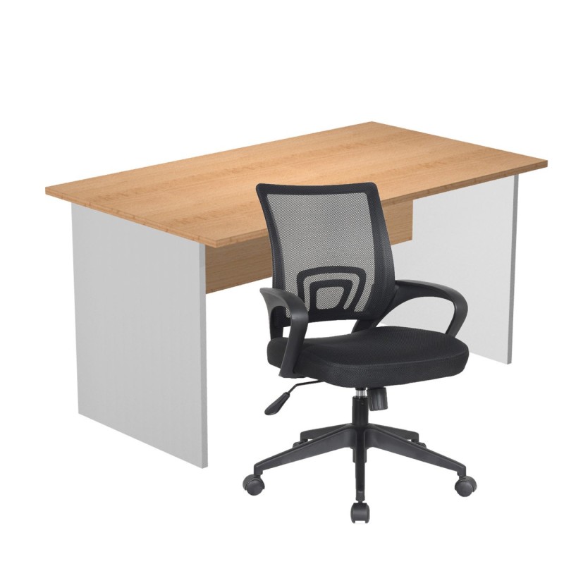 Pack Bureau droit Pronto Bois - L.140 x P.80 cm - Plateau Hêtre - Pieds panneaux Aluminium + siège Dario Tissu Noir