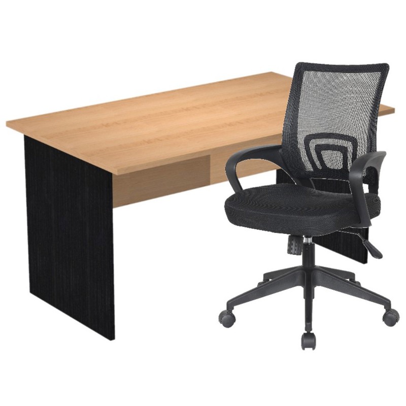 Pack Bureau droit Pronto Bois - L.140 x P.80 cm - Plateau Hêtre - Pieds panneaux Noir + siège Dario Tissu Noir