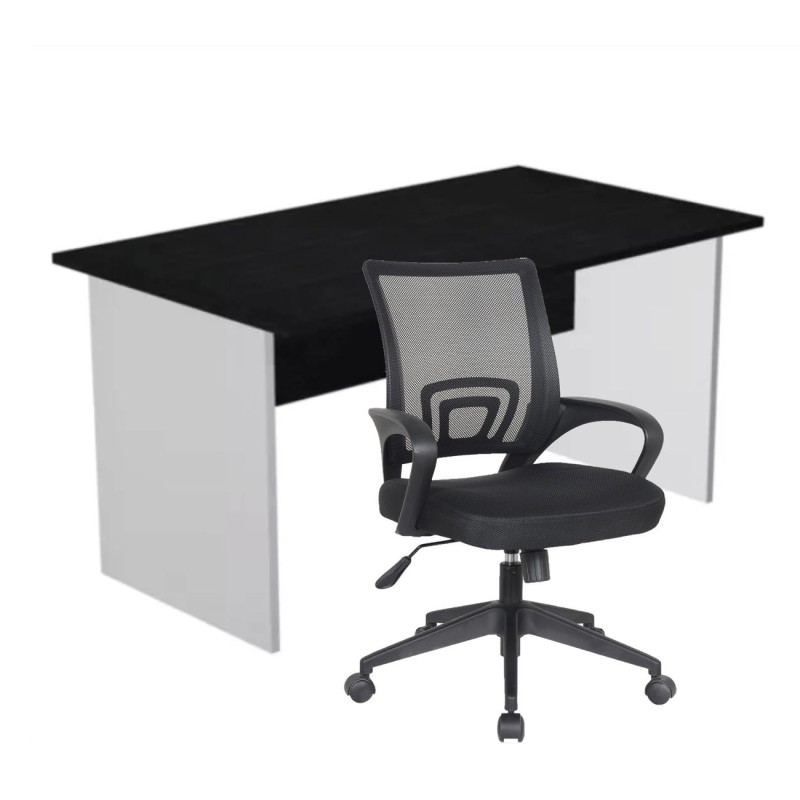 Pack Bureau droit Pronto Bois - L.140 x P.80 cm - Plateau Noir - Pieds panneaux Aluminium + siège Dario Tissu Noir