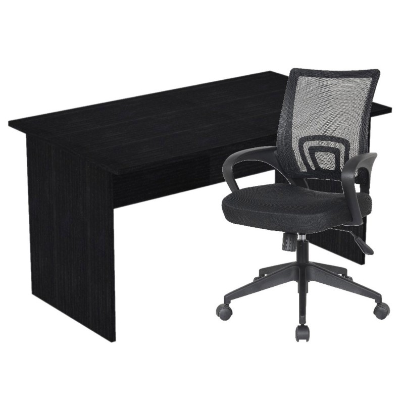 Pack Bureau droit Pronto Bois - L.140 x P.80 cm - Plateau Noir - Pieds panneaux Noir + siège Dario Tissu Noir