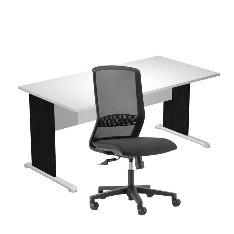 Pack Bureau droit Pronto Bois - L.160 x P.80 cm - Plateau Blanc - Pieds L Noir + siège Tekna Tissu Noir