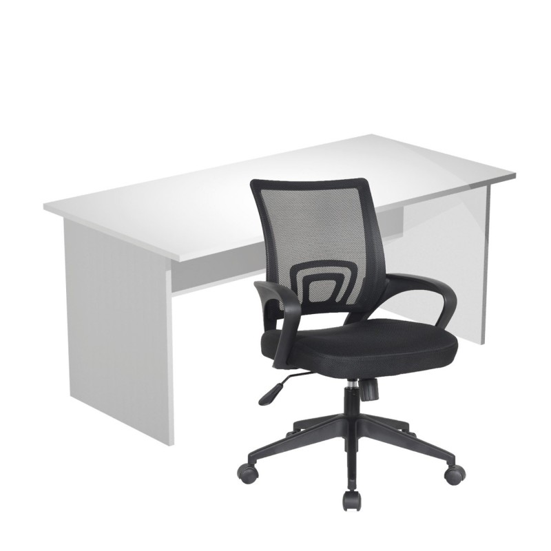 Pack Bureau droit Pronto Bois - L.160 x P.80 cm - Plateau Blanc - Pieds panneaux Aluminium + siège Dario Tissu Noir