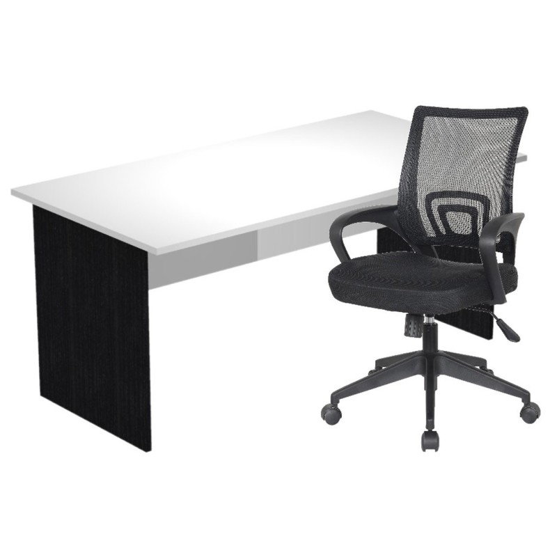 Pack Bureau droit Pronto Bois - L.160 x P.80 cm - Plateau Blanc - Pieds panneaux Noir + siège Dario Tissu Noir