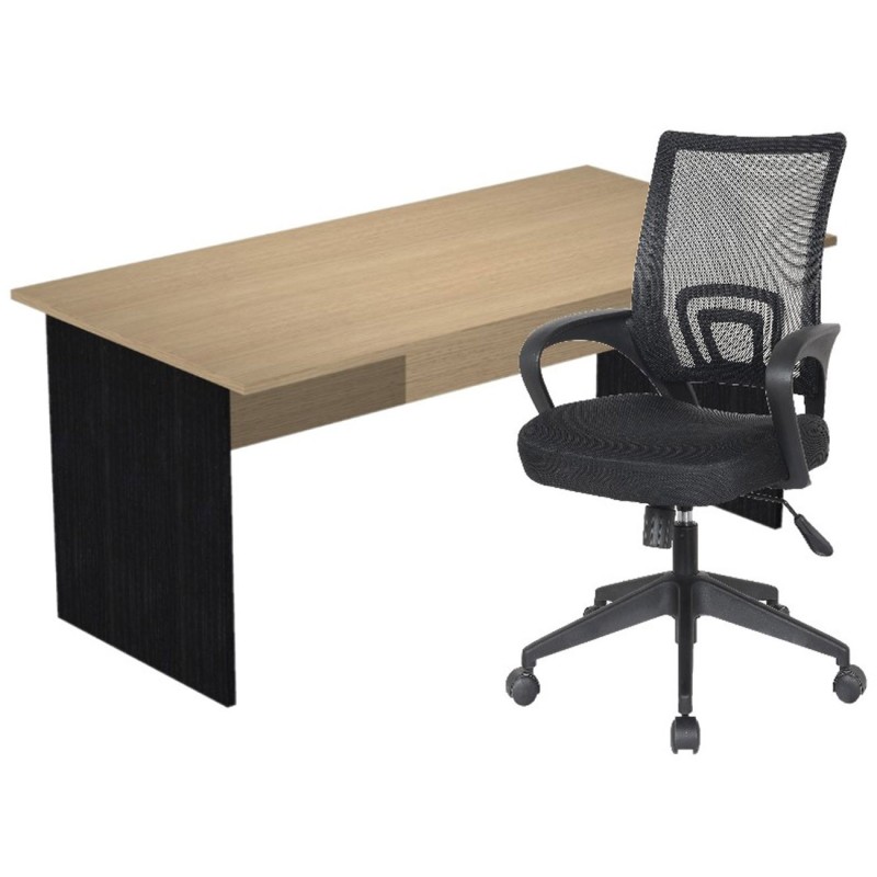 Pack Bureau droit Pronto Bois - L.160 x P.80 cm - Plateau Chêne - Pieds panneaux Noir + siège Dario Tissu Noir