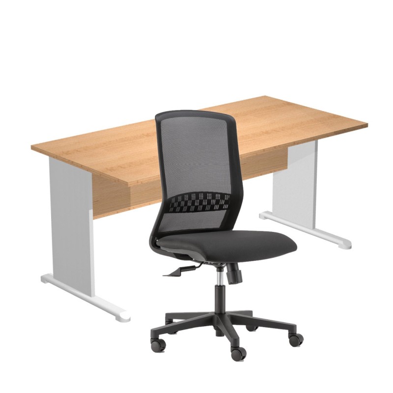 Pack Bureau droit Pronto Bois - L.160 x P.80 cm - Plateau Hêtre - Pieds L Aluminium + siège Tekna Tissu Noir