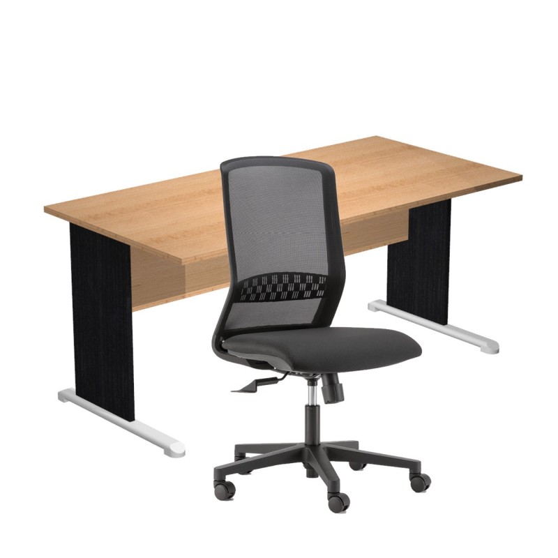 Pack Bureau droit Pronto Bois - L.160 x P.80 cm - Plateau Hêtre - Pieds L Noir + siège Tekna Tissu Noir