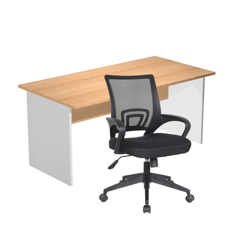 Pack Bureau droit Pronto Bois - L.160 x P.80 cm - Plateau Hêtre - Pieds panneaux Aluminium + siège Dario Tissu Noir
