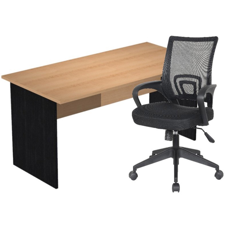 Pack Bureau droit Pronto Bois - L.160 x P.80 cm - Plateau Hêtre - Pieds panneaux Noir + siège Dario Tissu Noir
