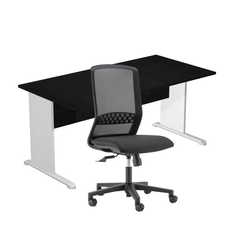 Pack Bureau droit Pronto Bois - L.160 x P.80 cm - Plateau Noir - Pieds L Aluminium + siège Tekna Tissu Noir