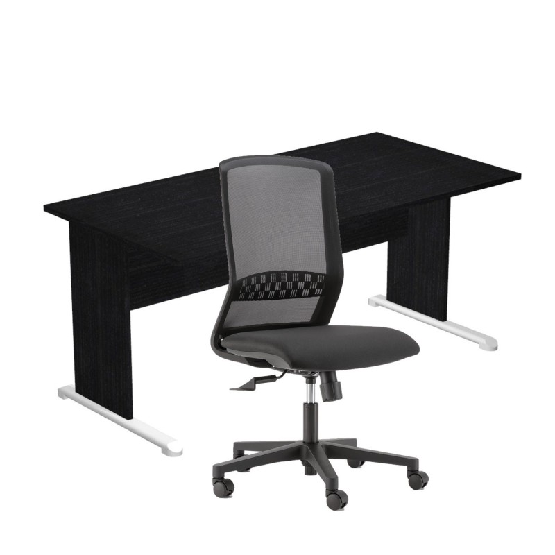 Pack Bureau droit Pronto Bois - L.160 x P.80 cm - Plateau Noir - Pieds L Noir + siège Tekna Tissu Noir