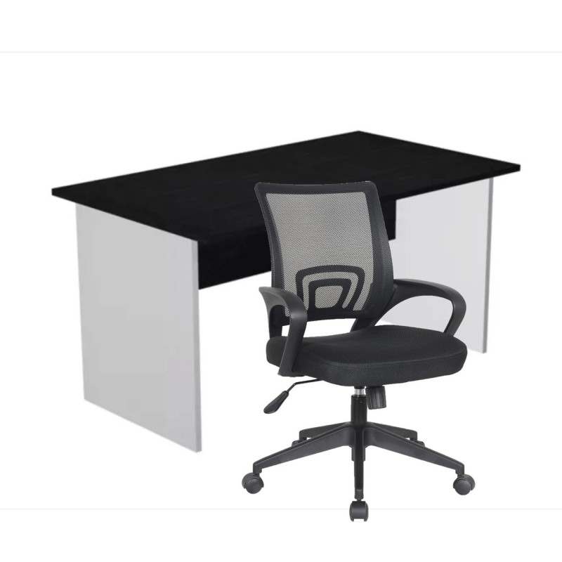 Pack Bureau droit Pronto Bois - L.160 x P.80 cm - Plateau Noir - Pieds panneaux Aluminium + siège Dario Tissu Noir