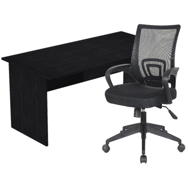 Pack Bureau droit Pronto Bois - L.160 x P.80 cm - Plateau Noir - Pieds panneaux Noir + siège Dario Tissu Noir
