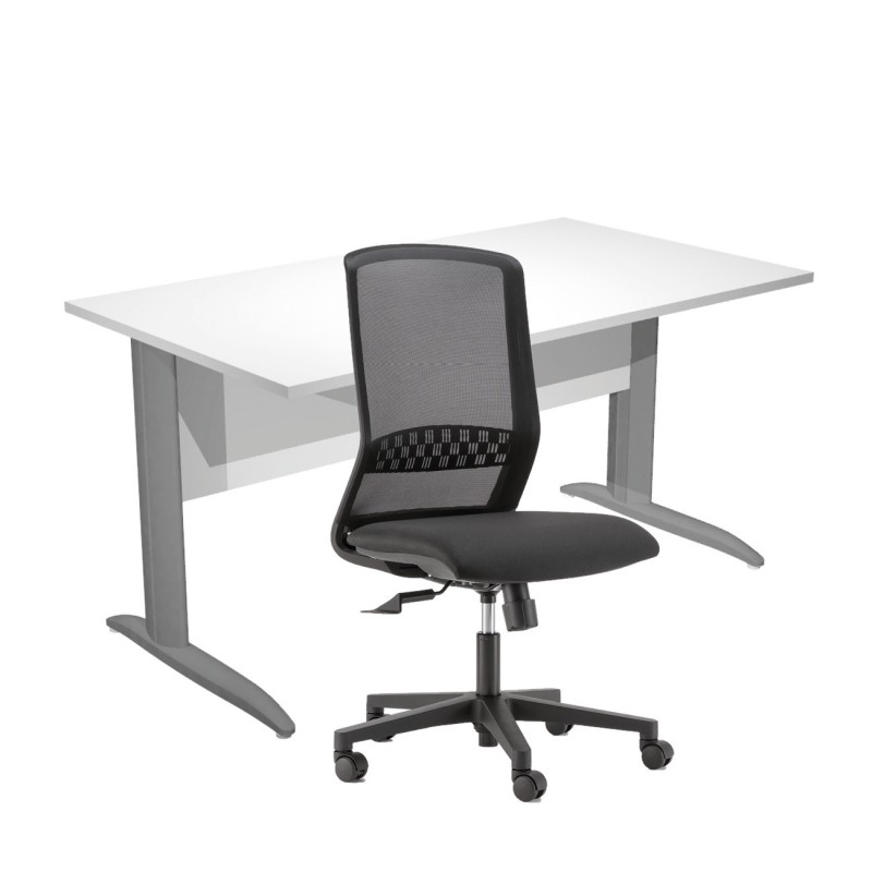 Pack Bureau droit Pronto Métal - L.140 x P.80 cm - Plateau Blanc - Pieds L Anthracite + siège Tekna Tissu Noir