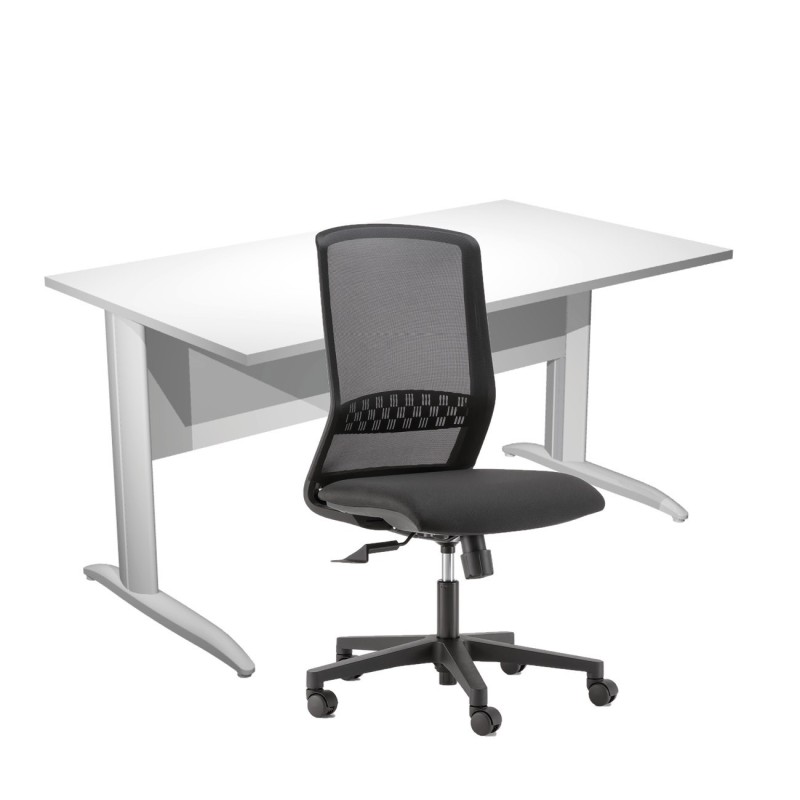 Pack Bureau droit Pronto Métal - L.140 x P.80 cm - Plateau Blanc - Pieds L Blanc + siège Tekna Tissu Noir