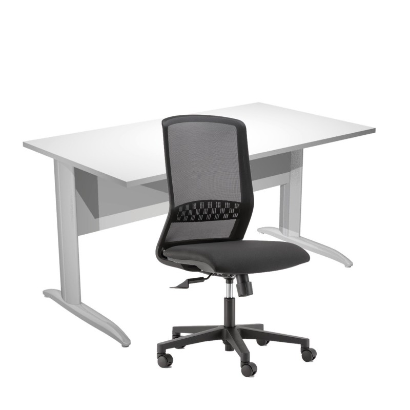 Pack Bureau droit Pronto Métal - L.140 x P.80 cm - Plateau Blanc - Pieds L Chrome + siège Tekna Tissu Noir