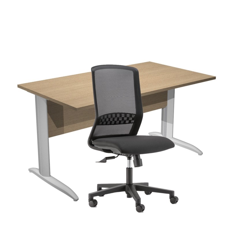 Pack Bureau droit Pronto Métal - L.140 x P.80 cm - Plateau Chêne - Pieds L Aluminium + siège Tekna Tissu Noir