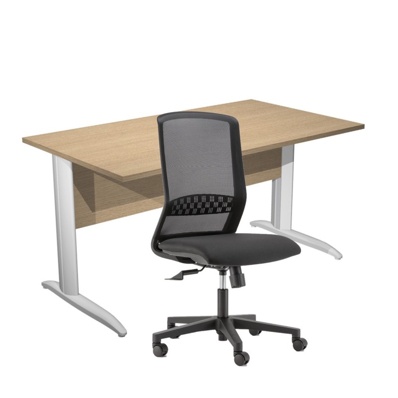 Pack Bureau droit Pronto Métal - L.140 x P.80 cm - Plateau Chêne - Pieds L Blanc + siège Tekna Tissu Noir