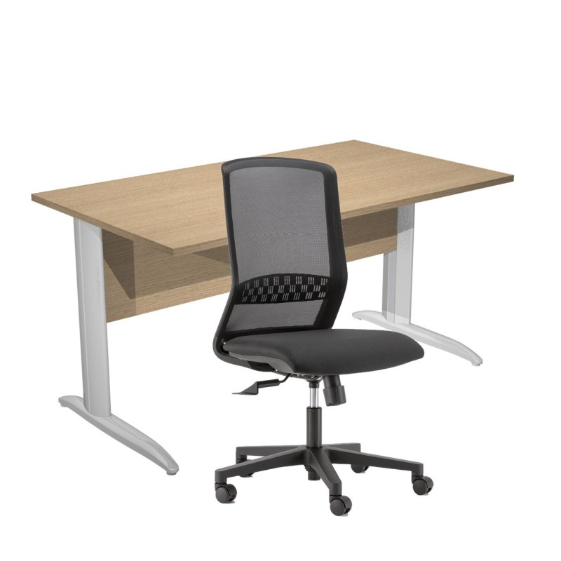 Pack Bureau droit Pronto Métal - L.140 x P.80 cm - Plateau Chêne - Pieds L Chrome + siège Tekna Tissu Noir