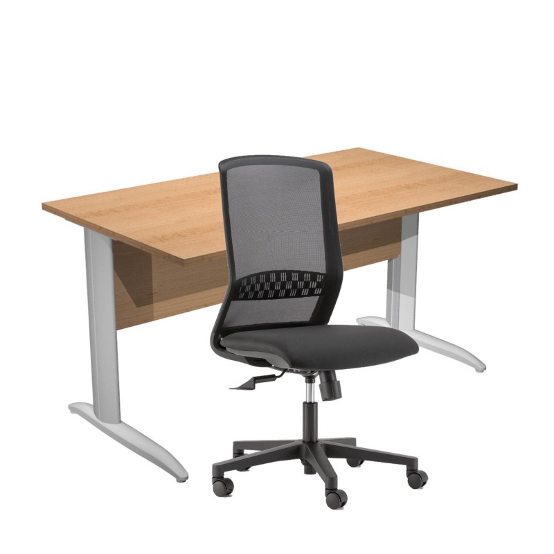 Pack Bureau droit Pronto Métal - L.140 x P.80 cm - Plateau Hêtre - Pieds L Aluminium + siège Tekna Tissu Noir