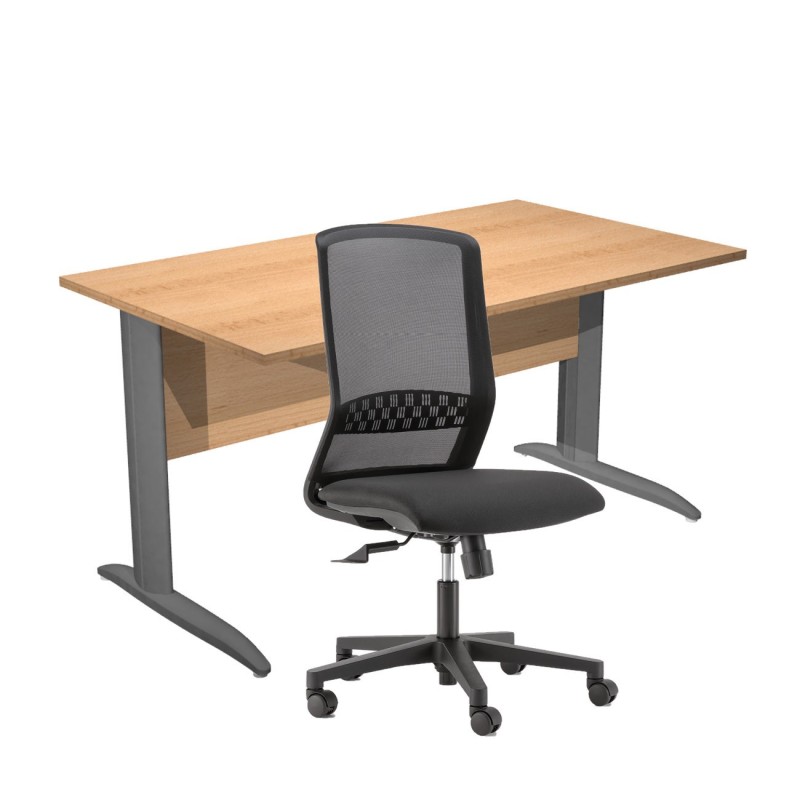 Pack Bureau droit Pronto Métal - L.140 x P.80 cm - Plateau Hêtre - Pieds L Anthracite + siège Tekna Tissu Noir