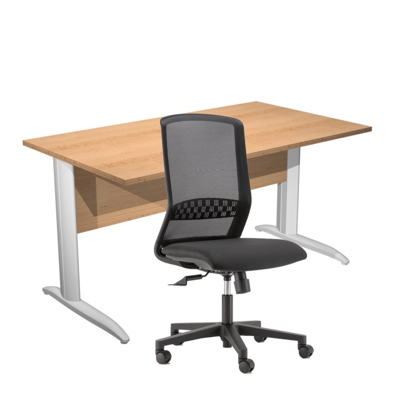 Pack Bureau droit Pronto Métal - L.140 x P.80 cm - Plateau Hêtre - Pieds L Blanc + siège Tekna Tissu Noir