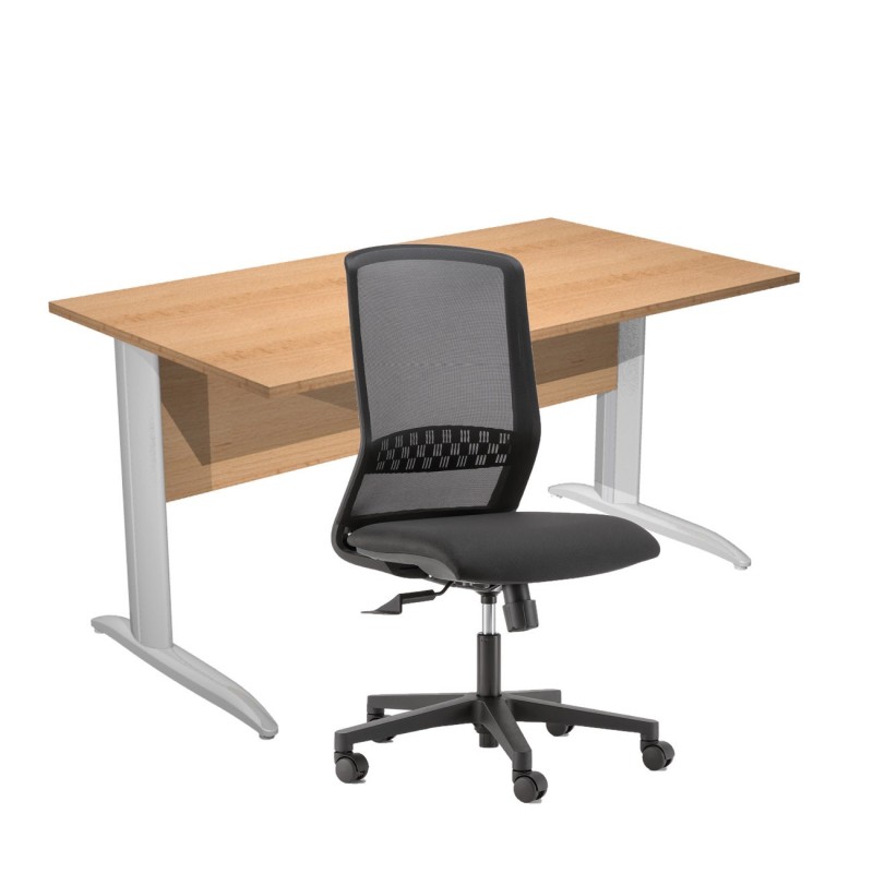 Pack Bureau droit Pronto Métal - L.140 x P.80 cm - Plateau Hêtre - Pieds L Chrome + siège Tekna Tissu Noir