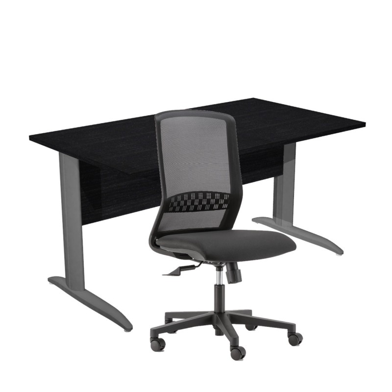 Pack Bureau droit Pronto Métal - L.140 x P.80 cm - Plateau Noir - Pieds L Anthracite + siège Tekna Tissu Noir